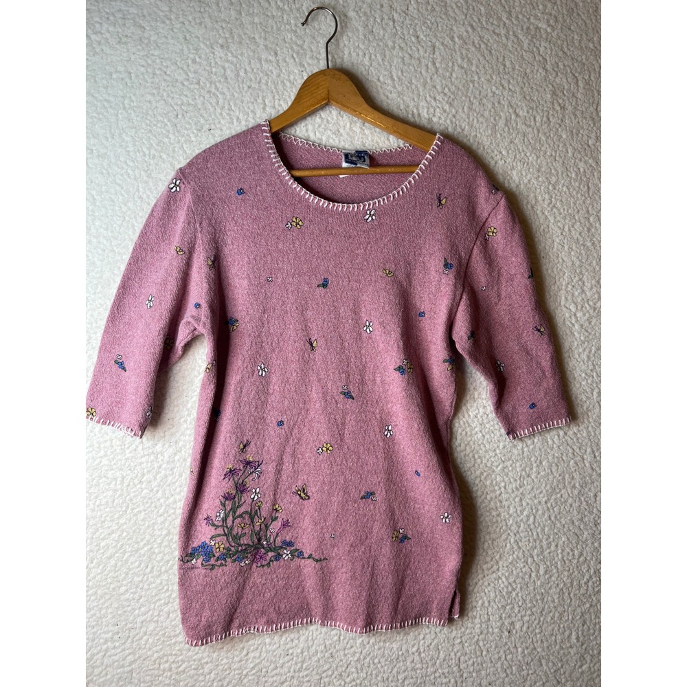Art Unlimited Sportswear Pink Floral Butterfly Knit Top Blanket Stitch Large